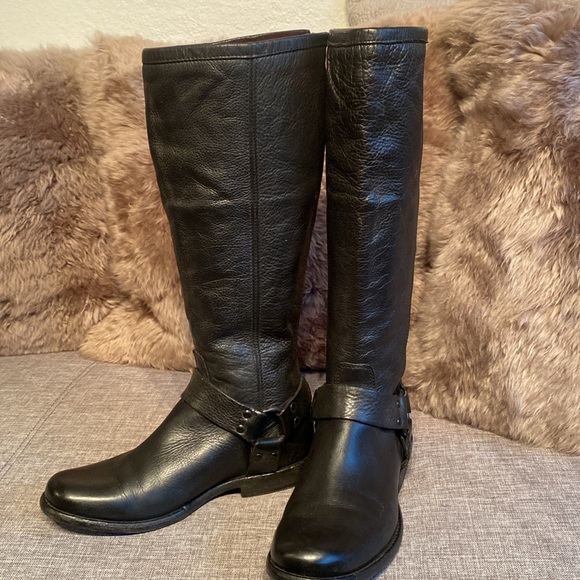 Frye Vintage Black Label Tall Phillip Harness Black Leather Boots - Picture 3 of 14